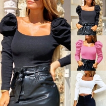 Fashion Solid Color Puff Sleeve Square Collar Slim Fit Top
