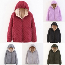 Fashion Solid Color Long Sleeve Hooded Plush Lining Coat
