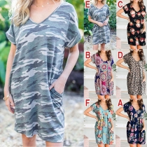 Fashion Short Sleeve V-neck Printed Dress