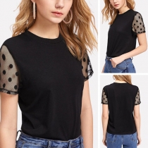 Fashion Dots Gauze Spliced Short Sleeve Round Neck T-shirt