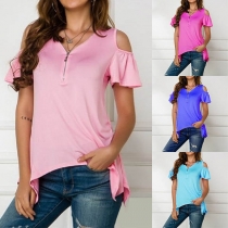 Sexy Off-shoulder Short Sleeve V-neck Irregular Hem T-shirt