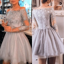 Sexy Lace Spliced Boat Neck Long Sleeve High Waist Party Dress