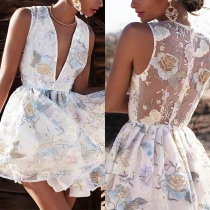 Sexy Deep V-neck Gauze Spliced Sleeveless Printed Dress