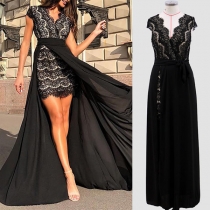 Sexy V-neck Slit Hem Sleeveless Slim Fit Lace Party Dress