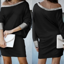 Fashion Sequin Spliced Dolman Sleeve Oblique Shoulder Dress