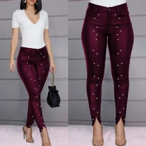 Fashion High Waist Slim Fit Rhinestone Spliced Pants