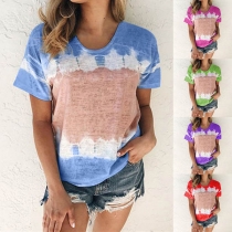 Casual Style Short Sleeve Round Neck Contrast Color T-shirt