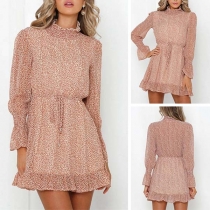 Sweet Style Trumpet Sleeve Ruffle Stand Collar Printed Dress
