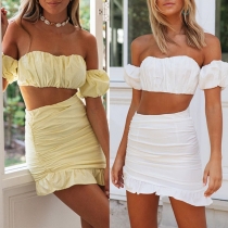 Sexy Off-shoulder Solid Color Bandeau Top + Ruffle Hem Skirt Two-piece Set