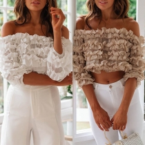 Sexy Off-shoulder Boat Neck Half Sleeve Ruffle Crop Top