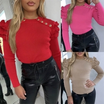 Fashion Solid Color Long Sleeve Round Neck Ruffle Top