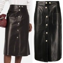 Fashion High Waist Front-button Slim Fit PU Leather Skirt