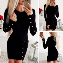 Fashion Solid Color Long Sleeve Round Neck Slim Fit Button Dress
