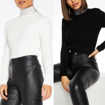 Fashion Rhinestone Spliced Turtleneck Slim Fit Top