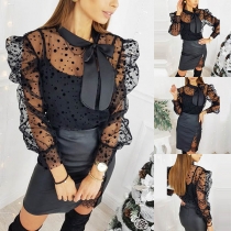 Sexy Dots Gauze Spliced Long Sleeve Bow-knot Collar Top