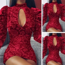 Sexy Long Sleeve Mock Neck Slim Fit Hollow Out Dress