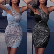 Sexy Gauze Spliced Slim Fit Asymmetric Lace-up Dress