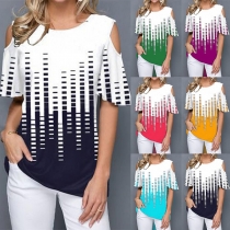 Sexy Off-shoulder Short Sleeve Round Neck Printed T-shirt