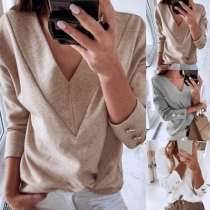 Fashion Solid Color Long Sleeve V-neck T-shirt