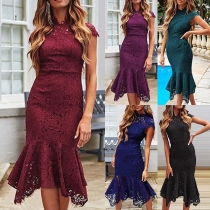Elegant Solid Color Sleeveless Fishtail Hem Slim Fit Lace Dress