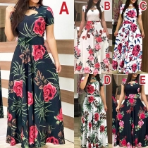 Fashion Short Sleeve Round Neck High Waist Printed Maxi Dress