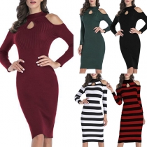 Sexy Off-shoulder Long Sleeve Round Neck Slim Fit Knit Dress