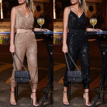 Sexy Backless V-neck High Waist Sequin Sling Jumpsuit
