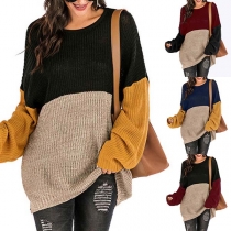 Fashion Contrast Color Long Sleeve Round Neck Loose Sweater
