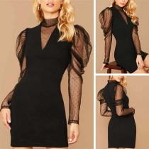 Sexy Gauze Spliced Puff Sleeve Mock Neck Slim Fit Dress