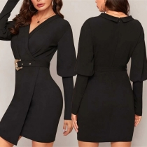 Elegant Solid Color Lantern Sleeve V-neck Slim Fit Dress