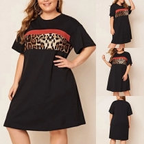 Fashion Leopard Spliced Short Sleeve Round Neck Loose Dress