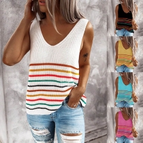 Fashion Sleeveless V-neck Colorful Striped Knit Top