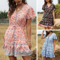 Bohemian Style Short Sleeve V-neck Printed Dress