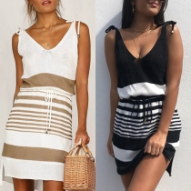 Sexy Backless V-neck Striped Sling Knit Dress