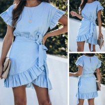 Fashion Solid Color Short Sleeve Round Neck Ruffle Hem Dress