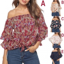Sexy Off-shoulder Boat Neck Trumpet Sleeve Printed Top