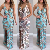 Sexy Backless V-neck Slit Hem High Waist Printed Sling Dress