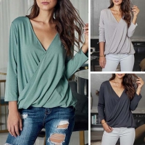 Fashion Solid Color 3/4 Sleeve V-neck High-low Hem Top