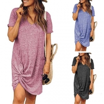 Fashion Short Sleeve V-neck Twisted Hem T-shirt Dress