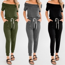 Sexy Off-shoulder Boat Neck Short Sleeve High Waist Solid Color Jumpsuit