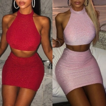 Sexy Backless Halter Crop Top + Skirt Two-piece Set
