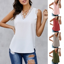 Fashion Solid Color Sleeveless V-neck Lace Spliced Top