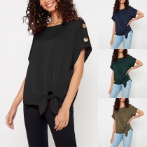 Fashion Solid Color Short Sleeve Round Neck Knotted Hem Top
