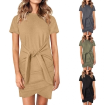 Fashion Solid Color Short Sleeve Round Neck Lace-up Dress