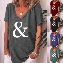 Fashion Short Sleeve V-neck Printed Loose T-shirt