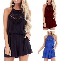 Sexy Off-shoulder Lace Spliced Solid Color Romper