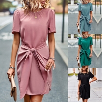 Fashion Solid Color Short Sleeve Round Neck Lace-up Dress