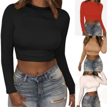 Sexy Solid Color Long Sleeve Round Neck Crop Top