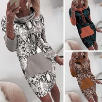 Fashion Long Sleeve Hooded Leopard Printed Sweatshirt Dress
