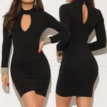 Sexy Long Sleeve Mock Neck Slim Fit Hollow Out Dress